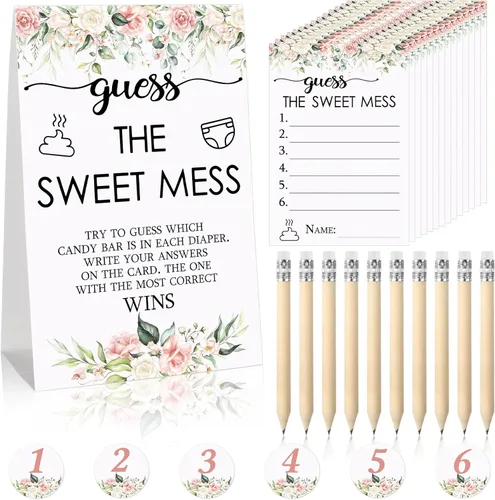 Miniatura 13 de Juego de 67 piezas de pañales sucios de Guess The Sweet Mess para baby shower, incluye letrero de Adivina el dulce lío, 50 tarjetas pequeñas, 10