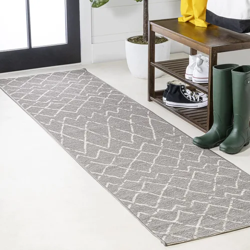 JONATHAN Y Alfombra marroquí para interiores y exteriores, 2 x 10 pies, color gris/crema, para patio trasero, patio, porche, fácil limpieza, alto