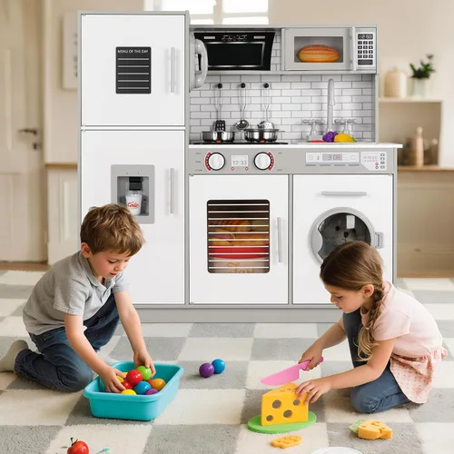 Miniatura 7 de Arlopu Juego de cocina para niños, juego de juguetes de madera con diseño realista, sonidos de luces, ollas y utensilios para niños y niñas a partir