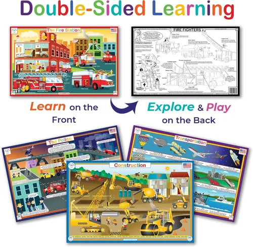 Miniatura 4 de Tot Talk Vehículos - Juego de 4 manteles individuales educativos para niños, construcción, camiones de bomberos, policía, transporte, actividades