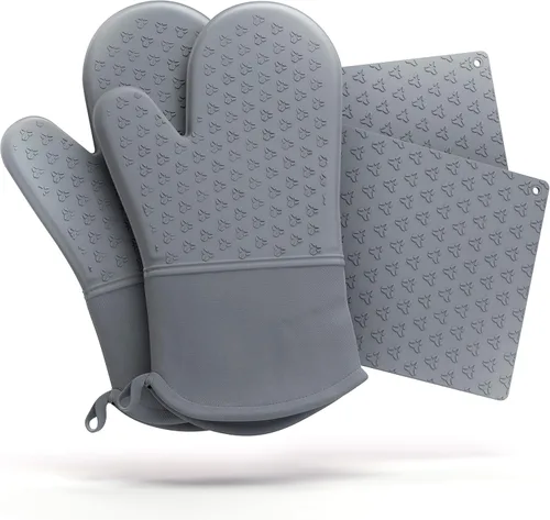 Cosy House Collection Juego de 4 guantes de horno y soporte para ollas, guantes de cocina resistentes al calor de 500 °F, silicona flexible,