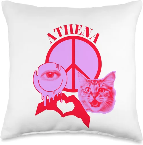 Athena Name Personalized Peace and Karma Co. Athena - Almohada personalizada con el nombre "I Love Retro Cat Mom", 16 x 16 pulgadas, multicolor