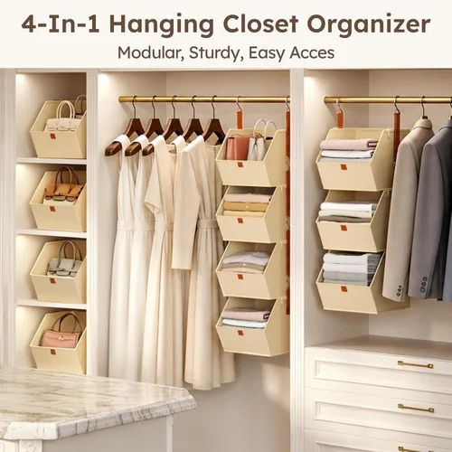 Miniatura 5 de Homsorout Organizador colgante de armario de 4 niveles, estantes colgantes para ropa, sistema de armario que ahorra espacio, contenedores de Beige