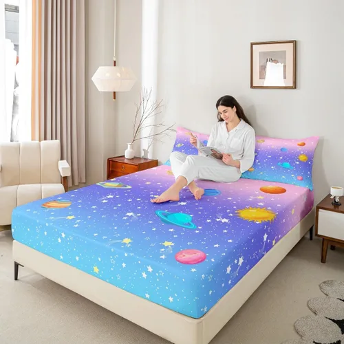 Miniatura 7 de Outer Space - Juego de sábanas tamaño matrimonial para niñas y niños, diseño de arco iris, galaxia, estrellas, planeta, kawaii, pastel, rosa, azul