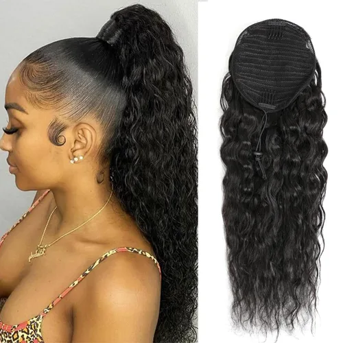 Miniatura 12 de Cola de caballo de cabello humano rizado con cordón brasileño Remy Extensin 3C Kinky Curly Hair Clip en pieza de pelo color natural sedoso suave 10