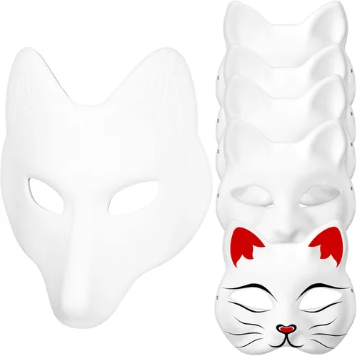 Therian - Juego de máscaras de gato de papel blanco pintado a mano en blanco para bricolaje, tu propio cosplay, zorro y gato, animales, accesorios
