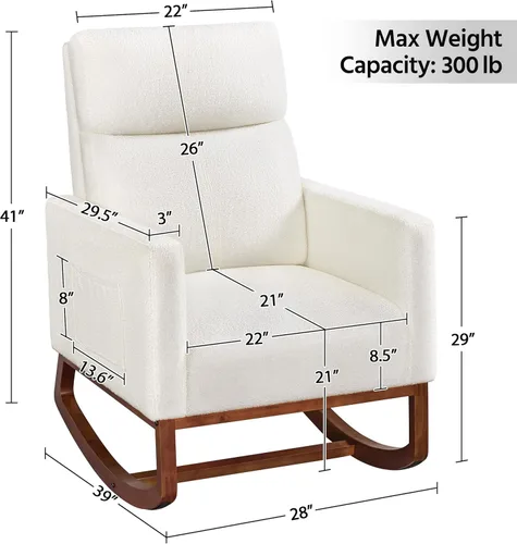 Miniatura 2 de Yaheetech Silla mecedora tapizada, silla de bebé Boucle Glider con respaldo alto y bolsillo lateral, sillón mecedor con patas de madera de goma