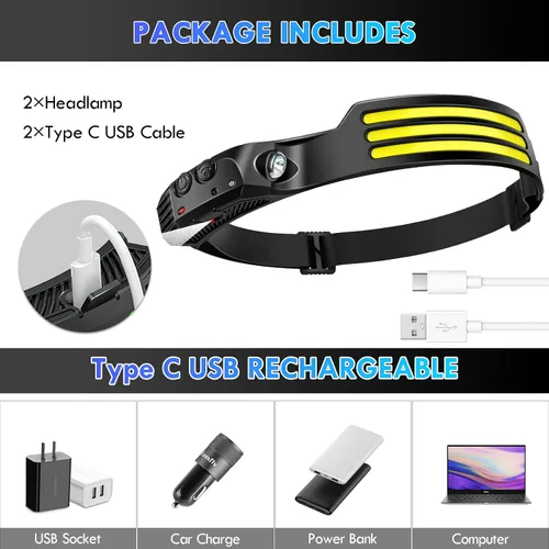 Miniatura 4 de DAWINSIE Linterna frontal LED recargable (2 unidades), lámpara de cabeza de haz ancho de 230° con sensor de movimiento, linterna impermeable