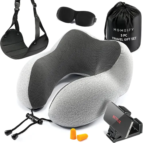 Miniatura 11 de Homeify Kit de viaje en avión, almohada ajustable para el cuello del avión de espuma viscoelástica con soporte para teléfono, máscara de ojos, Gris
