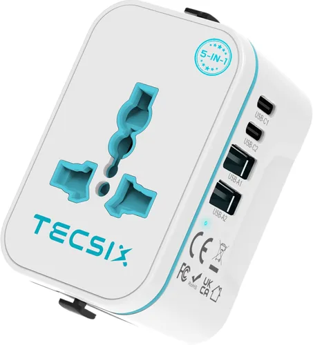 Adaptador de viaje universal en todo el mundo, adaptador de enchufe de viaje europeo TECSIX con 2 USB C, 2 USB A y múltiples salidas de CA, Blanco