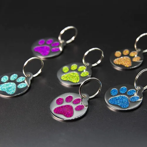 Miniatura 4 de Etiqueta grabada para mascotas para perros y gatos, personalizada con 4 líneas de identificación grabada, huella de pata redonda, acero inoxidable