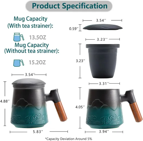 Miniatura 4 de ZENS Taza de Té con Infusor y Tapa para Infusión de Hojas Sueltas, Taza de Cerámica en Relieve de 15.2 oz con Coladores Finos, Difusores Grandes