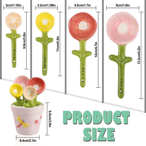 Miniatura 2 de DOERDO - Cucharas medidoras de cerámica con soporte, cucharas de medición de flores para azúcar salada, juego de cucharas en forma de maceta, Rosado