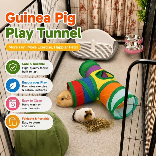 Miniatura 4 de Rypet Túnel de conejillo de indias plegable de 3 vías para mascotas pequeñas y tubos con bola interactiva para bebé, conejo, hurón, hámster, Arcoíris