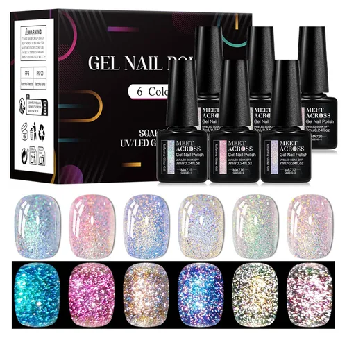 Miniatura 17 de MEET ACROSS Juego de esmaltes de uñas de gel luminosos de caramelo de 6 colores, esmalte de uñas de gel que brilla en la oscuridad con cepillo