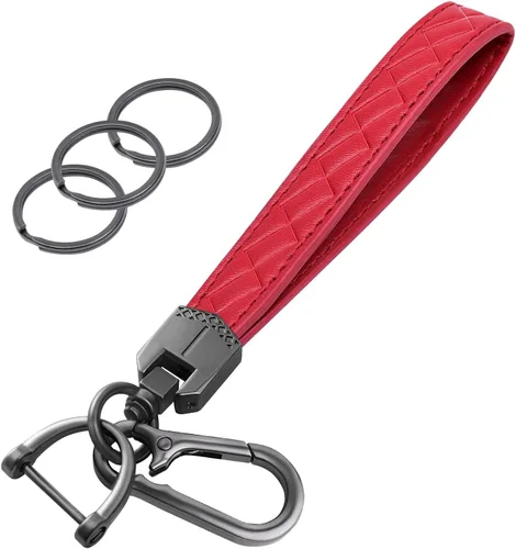 Miniatura 9 de OHKYOOT Llavero de cuero para muñeca, llavero de coche con 3 llaveros y anillo anti-pérdida (Negro)