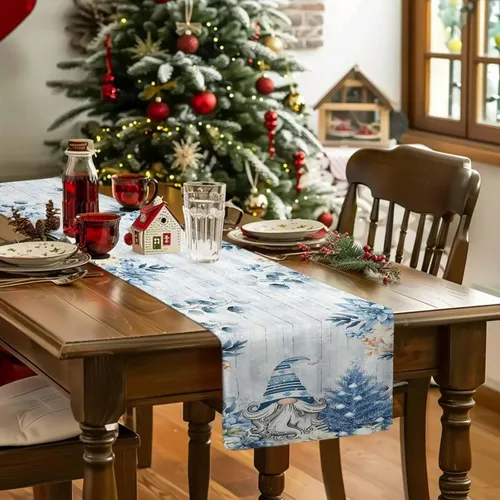 Miniatura 5 de Camino de mesa de Navidad, algodón y lino, bufandas de tocador de vacaciones de 36 pulgadas, gnomos de eucalipto azul retro, diseño de copos