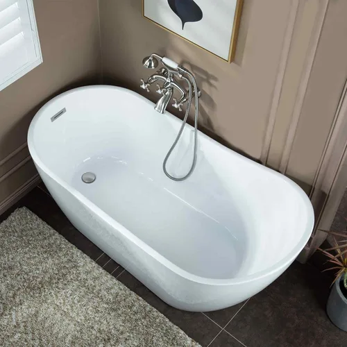 Miniatura 4 de WOODBRIDGE Bañera de acrílico independiente de 67 pulgadas, bañera blanca de remojo contemporánea con desbordamiento y drenaje de cromo