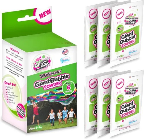 WOWmazing Mezcla de polvo de recarga de burbujas grandes (6 paquetes) – Convierte el detergente para platos en burbujas gigantes. Hace 6 galones.