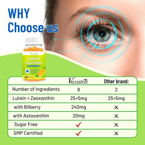 Miniatura 6 de Vitaminas para los ojos Gomitas de luteína y zeaxantina, suplementos de salud ocular sin azúcar con arándano, astaxantina, apoyan la luz azul