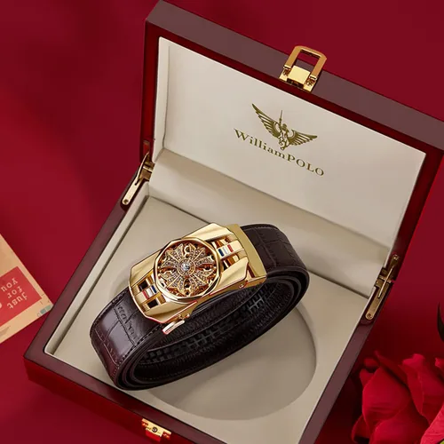 Miniatura 6 de Cinturón de trinquete para hombre cinturón de cuero con hebilla automática de aleación tendencia a la moda con caja de regalo
