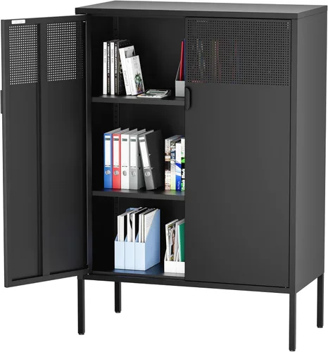 Miniatura 9 de Ustamio Gabinete de Almacenamiento de Metal Ancho Negro con Casillero, Gabinete de Acento de 2 Puertas para Hogar y Oficina, Gabinete de Metal Bajo