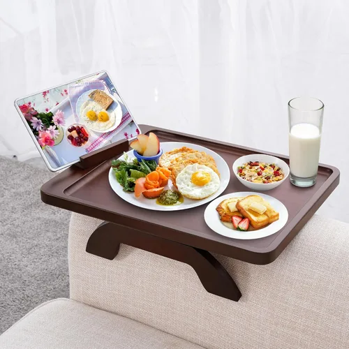 Miniatura 12 de SINWANT Mesa de Brazo para Sofá, Mesas de Reposabrazos de Sofá de Madera de Acacia, Mesa de Reposabrazos de Sofá con Soporte para Teléfono de 360°