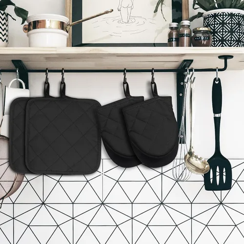 Miniatura 7 de Juego de Manoplas de Horno y Soportes para Ollas, Paquete de 4, Mini Guantes de Cocina de Silicona Resistentes al Calor para 500 Grados Fahrenheit