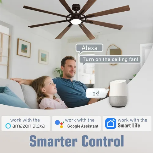 Miniatura 3 de Ventilador de techo inteligente de 72 pulgadas con luz y control remoto, ventilador de techo de nogal con motor de CC reversible silencioso, control
