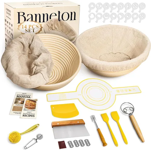 Miniatura 10 de BAVIFY Kit Inicial para Masa Madre, Juego de Cestas Redondas de 9" y Ovaladas de 10" para Prueba de Pan Banneton, Suministros para Hornear Pan