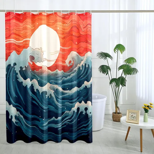 Miniatura 8 de Cortina de ducha japonesa Fuji Mountain de cerezo asiático, cortina de ducha con diseño de anime, decoración de baño, tela de poliéster, 62 x 72 Azul
