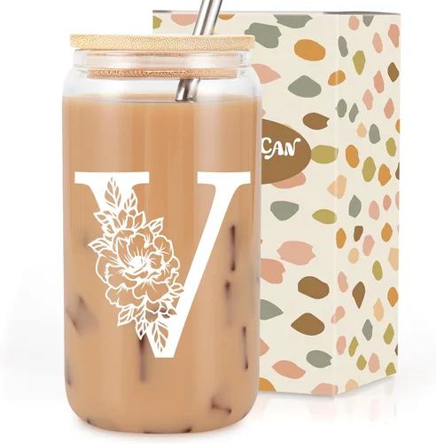Taza de Vidrio Inicial Coolife, Regalos Personalizados para Mujeres, Tazas de Vidrio de 16 oz con Tapas y Popotes, Vaso de Café Helado, Licuado,