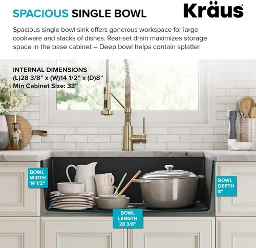 Miniatura 3 de Kraus Quarza - Fregadero de cocina de granito para montar por debajo, cajón único de 31 pulgadas, en ónix negro, KGU-413B