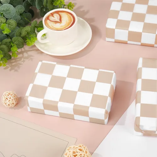Miniatura 6 de Whaline 100 hojas de papel de seda a cuadros, papel de regalo de tablero de ajedrez beige y blanco, papel decorativo para cumpleaños, baby shower