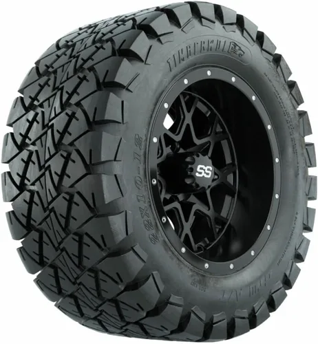 GTW Combo de ruedas y neumáticos para carrito de golf de 12 pulgadas | Ruedas Vortex negro mate en neumáticos Timberwolf todo terreno 22x10-12 |