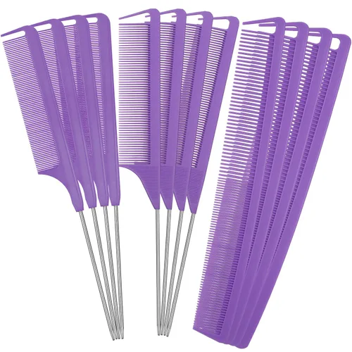 Miniatura 7 de Patelai Juego de 12 peines de cola de rata, peine de separación para trenzar peines de dientes finos con cola de acero resistente al calor, Negro