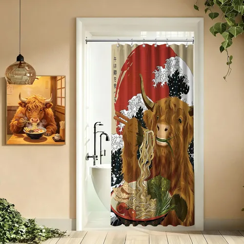 Miniatura 29 de Cortina de ducha estrecha con diseño de gato negro y animé japonés para casa rodante, juegos de decoración de baño, tela impermeable con ganchos, 36