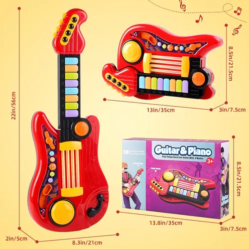 Miniatura 6 de Guitarra-Piano Infantil 2-en-1 Instrumento Musical, Guitarra para Niños Pequeños de 3-5 Años, Niños y Niñas, Juguete Educativo Ajustable, para Rojo