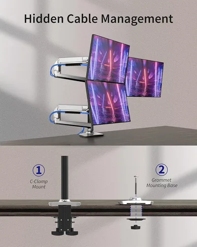 Miniatura 6 de Ergounion - Soporte de escritorio para tres monitores, soporta pantallas de hasta 40 pulgadas y 25 libras, soporte de escritorio totalmente Plateado