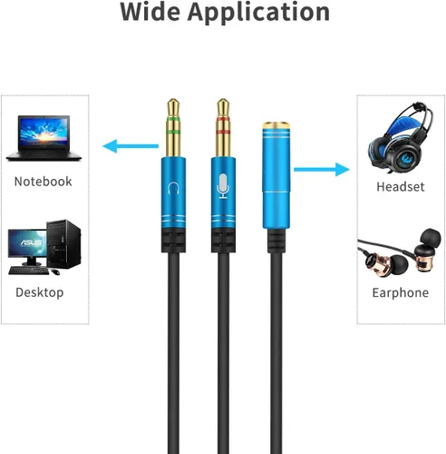 Miniatura 2 de Divisor de auriculares para computadora de 0.138 in hembra a 2 auriculares dobles de 0.138 in macho micrófono de audio y cable divisor en Y, Azul