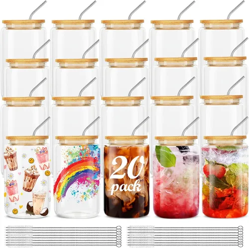 Miniatura 9 de ASKIZ 16 Vasos de Vidrio con Tapas de Bambú y Pajitas, Taza de Café Helado de 16 Oz, Juego de Vasos para Beber, Botellas de Agua de Vidrio