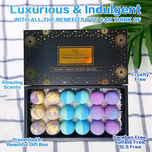 Miniatura 5 de Juego de bombas de baño de aromaterapia para mujeres y hombres. Caja de regalo de bombas de baño de aceite esencial curativo con 18 bombas de baño