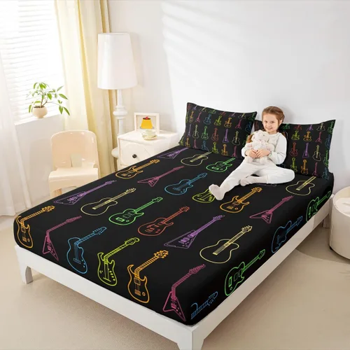 Miniatura 23 de Erosebridal Juego de sábanas de tamaño individual con temática musical, con estampado de notas musicales, juego de cama ajustable en blanco y negro