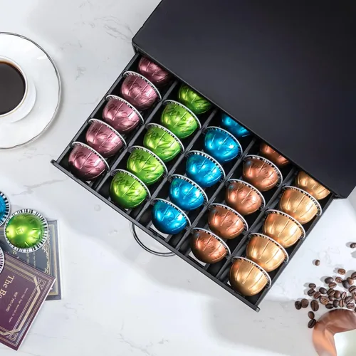 Miniatura 4 de FlagShip Soporte para cápsulas Nespresso, organizador de cápsulas Vertuo, diseño de barra de café y soporte para cafetera, metal negro