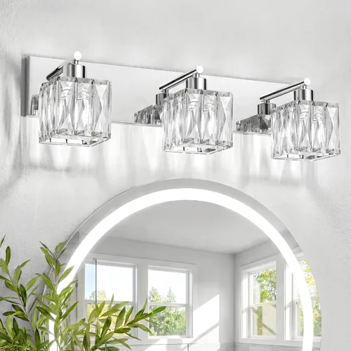 Miniatura 16 de VOLISUN Luces de tocador de cristal – 4 luces modernas de acero inoxidable para baño sobre espejo, acabado cromado – Certificado UL