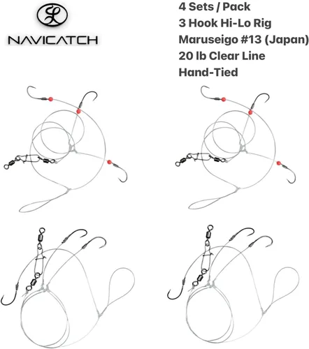 Miniatura 5 de Bagre, Scup (Porgy) y equipo de lubina – Kit de pesca de 3 ganchos Hi-Lo Bottom – Anzuelos japoneses atados a mano con línea PE – Agua salada y agua