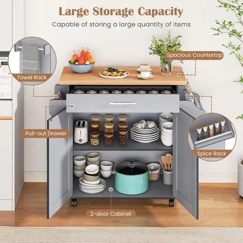 Miniatura 3 de HAPPYGRILL Carrito de cocina con ruedas para isla de cocina, carrito de almacenamiento de cocina con estante ajustable, cajón, estante
