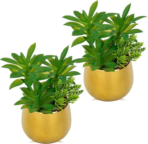 Miniatura 11 de Briful Plantas suculentas artificiales en macetas de cerámica, juego de 3 suculentas artificiales con macetas geométricas negras, decoración moderna