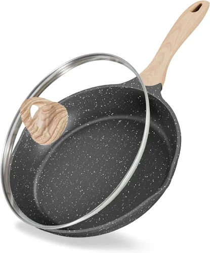 JEETEE Sartenes antiadherentes con tapa, sartén antiadherente de 8 pulgadas, sartenes de aluminio con mango de baquelita, compatible con todas las