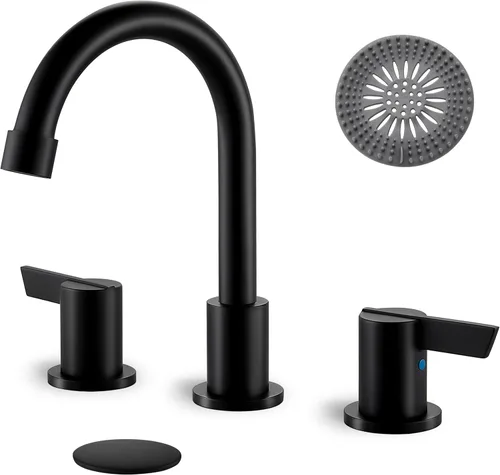 Miniatura 10 de Grifo de lavabo de baño de 3 agujeros, 8 pulgadas, grifo de baño de 2 manijas de acero inoxidable SUS304 con drenaje emergente y líneas de Níquel